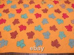 Vintage Handmade Patchwork Cotton Quilt Applique Fall Leaves Queen 94 x 94