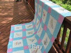 Vintage Handmade Patchwork & Painted State Bird Block Quilt, Full Size, 72 x 85