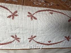 Vintage Handmade Patchwork Quilt 77x 90 Rust Off White Cross Stitch Embroider