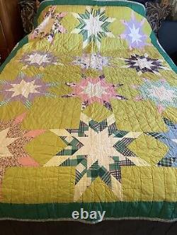 Vintage Handmade Patchwork Quilt Blazing Stars Hand Stitched Green Vibrant