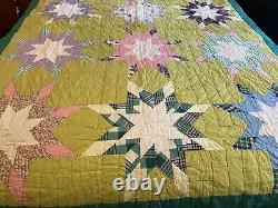 Vintage Handmade Patchwork Quilt Blazing Stars Hand Stitched Green Vibrant