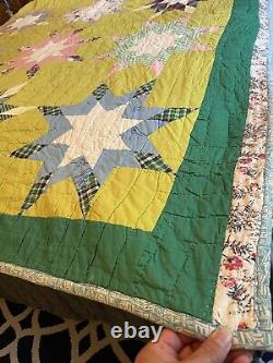 Vintage Handmade Patchwork Quilt Blazing Stars Hand Stitched Green Vibrant