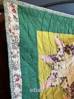 Vintage Handmade Patchwork Quilt Blazing Stars Hand Stitched Green Vibrant