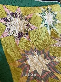 Vintage Handmade Patchwork Quilt Blazing Stars Hand Stitched Green Vibrant