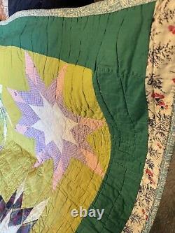 Vintage Handmade Patchwork Quilt Blazing Stars Hand Stitched Green Vibrant