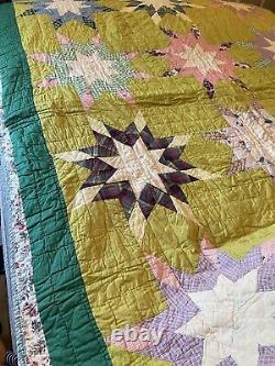 Vintage Handmade Patchwork Quilt Blazing Stars Hand Stitched Green Vibrant