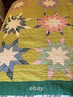 Vintage Handmade Patchwork Quilt Blazing Stars Hand Stitched Green Vibrant