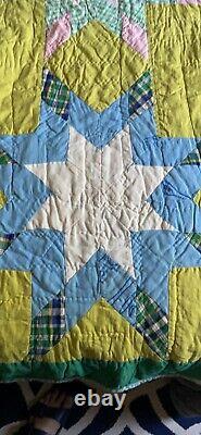 Vintage Handmade Patchwork Quilt Blazing Stars Hand Stitched Green Vibrant