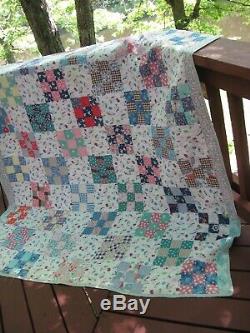 Vintage Handmade Patchwork Quilt, Full Size, 9-Patch Blocks, 71 x 82