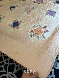 Vintage Handmade Patchwork Quilt Tattered Ohio Star Hand Sewn Cutter