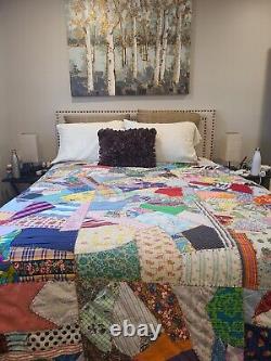 Vintage Handmade Patchwork Quilt, refabricated in 1975 from 1897 Multicolor, King