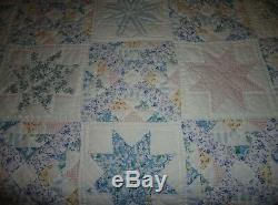 Vintage Handmade Patchwork Star Quilt White Blue Pastels 90X102 Queen BEAUTY A+