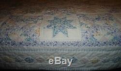 Vintage Handmade Patchwork Star Quilt White Blue Pastels 90X102 Queen BEAUTY A+
