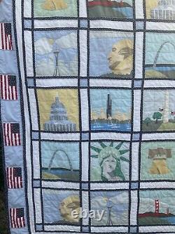 Vintage Handmade Patriotic Quilt 81 x 82 United States Monuments Theme Blanket