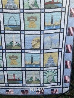 Vintage Handmade Patriotic Quilt 81 x 82 United States Monuments Theme Blanket