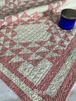 Vintage Handmade Pink And White Geometric Triangle Cotton Quilt