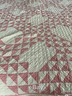 Vintage Handmade Pink And White Geometric Triangle Cotton Quilt