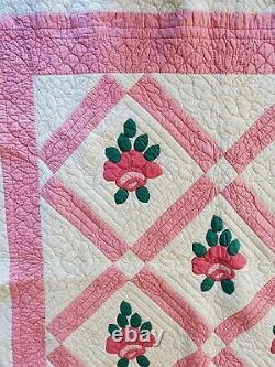 Vintage Handmade Pink Floral Roses Quilted Quilt Comforter Blanket 81 X 76