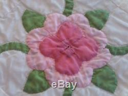 Vintage Handmade Pink & Green Floral Quilt Hand Appliqued & Quilted