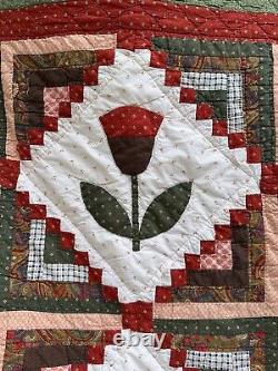 Vintage Handmade Posy Flower Quilt Throw MULTICOLOR RED GREEN Folk Art HOLIDAY