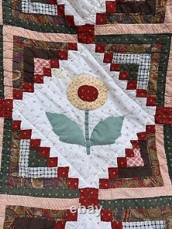 Vintage Handmade Posy Flower Quilt Throw MULTICOLOR RED GREEN Folk Art HOLIDAY