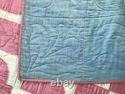 Vintage Handmade QUILT Pink White Cotton Hand-Quilted Full Size Double
