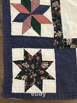 Vintage Handmade Quilt 92 x 72 Hand Stitched Blue Star Pink Green Multi Color