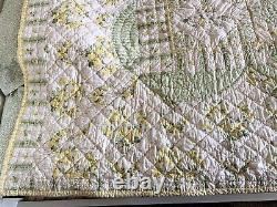 Vintage Handmade Quilt Cotton 85x67 Floral Yellow Patchwork Embroidered Flower