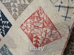 Vintage Handmade Quilt Cross In Diamond White Back 74x78