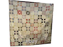 Vintage Handmade Quilt Cross In Square White Back 78x78