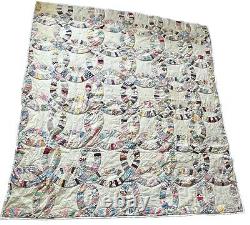 Vintage Handmade Quilt Double Wedding Ring Feedsack 78x86.5