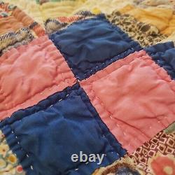 Vintage Handmade Quilt Double Wedding Ring Pattern Pink Blue 40s or older