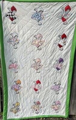 Vintage Handmade Quilt Embroidered Dutch Gnome Girl Picking Flowers Imperfect