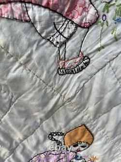 Vintage Handmade Quilt Embroidered Dutch Gnome Girl Picking Flowers Imperfect