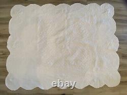 Vintage Handmade Quilt Embroidered Floral on White 66x84 Scalloped Edge