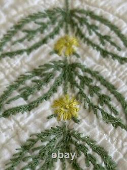 Vintage Handmade Quilt Embroidered Green Floral on White 64x85 Scalloped Edge