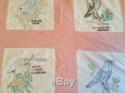 Vintage Handmade Quilt Embroidered State Birds