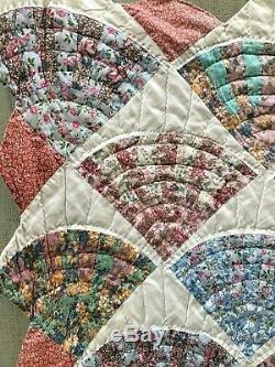 Vintage Handmade Quilt Fan Feed sack Fabric Hand Stitched Colorful Cut Edges