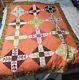 Vintage Handmade Quilt Flying Geese Novelty Patchwork Orange Floral Grannycore