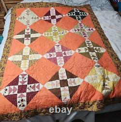 Vintage Handmade Quilt Flying Geese Novelty Patchwork Orange Floral Grannycore