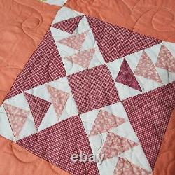 Vintage Handmade Quilt Flying Geese Novelty Patchwork Orange Floral Grannycore