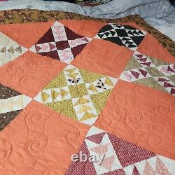 Vintage Handmade Quilt Flying Geese Novelty Patchwork Orange Floral Grannycore