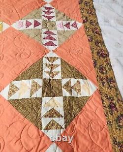 Vintage Handmade Quilt Flying Geese Novelty Patchwork Orange Floral Grannycore