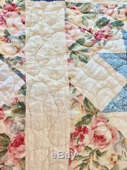 Vintage Handmade Quilt Geometric Star Chintz Flowers & Script 106 x 106