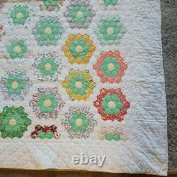 Vintage Handmade Quilt Grandmother's Flower Garden Hand Sewn Feedsack 82x61 1of2