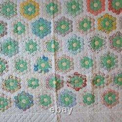 Vintage Handmade Quilt Grandmother's Flower Garden Hand Sewn Feedsack 82x61 2of2