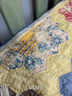 Vintage Handmade Quilt Grandmothers Flower Garden Hand Quilted Great Old Fabric