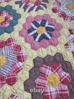 Vintage Handmade Quilt Grandmothers Flower Garden Hand Quilted Great Old Fabric