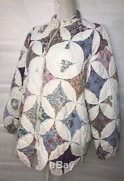 Vintage Handmade Quilt Jacket Womens Floral Zip Down Quilted Coat Prairie