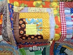 Vintage Handmade Quilt Log Cabin Patchwork Bedspread Blanket 74x84 Estate